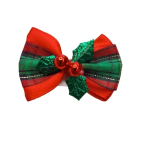 Red and green plaid Christmas bow hair clip with holly leaves and red berry accent