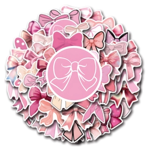 Detailed view of pink coquette bow stickers in various patterns for DIY decoration