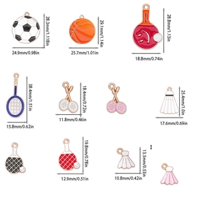 Set of 11 sports charms like soccer and badminton with precise size measurements