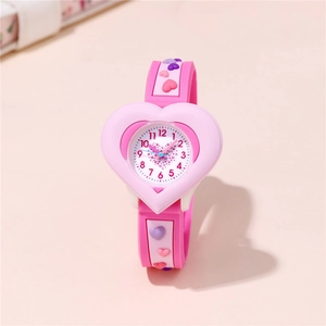 Pink heart-shaped kids watch with colorful 3D silicone strap for girls and students