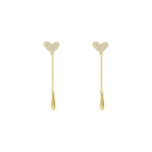 Elegant gold heart tassel earrings with sparkling crystals and droplet pendants on white background