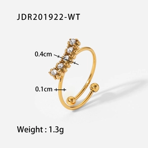 18K gold plated stainless steel open ring with cubic zirconia inlay and gold beads