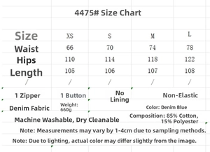 Detailed size chart for denim sleeveless top and mid-waist pants set with fabric specs