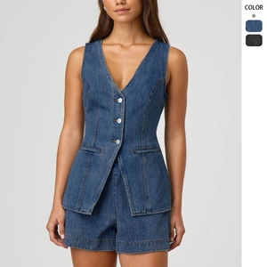 Femme Denim Top And Bottom Décontracté Gilet Sans Manches Et Short Ensemble Coton Polyester Lavé Bouton Denim Costume Streetwear