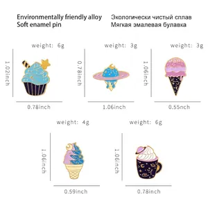 Size chart for cute ice cream enamel pins featuring cupcake and cone designs in alloy