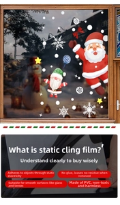Macro detail of Santa Claus and snowflake static cling stickers for holiday windows