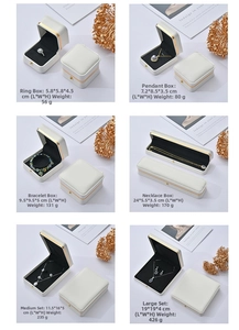 Detailed size specifications for cream white jewelry boxes with elegant gold trim edges
