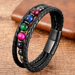 Detail of multilayer braided leather bracelet with colorful stone beads and magnetic clasp