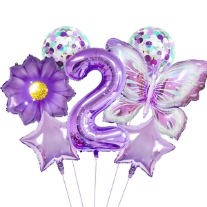 Detailed 2nd birthday purple balloon set with butterfly and sunflower foil decorations