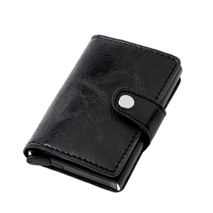 Detailed view of the black leather RFID wallet featuring an automatic pop-up card mechanism