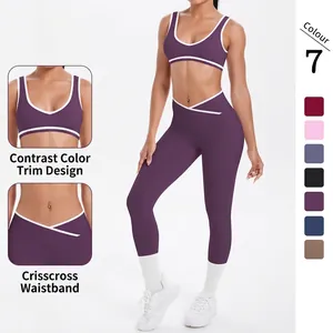 Damen Activewear Kontrastpaspel Yoga-Set Nylon Elasthan Atmungsaktiv Überkreuzter Bund Oberteil und Unterteil Für Fitnessstudio Sportlich