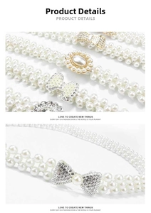 Detail of multi-row pearl waist chain with crystal bow buckle for dresses