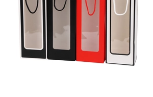 Tall rectangular gift bags with transparent windows in black, red, and white colors