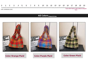 Three color variants of large plaid plush tote bags in orange, purple, and green patterns