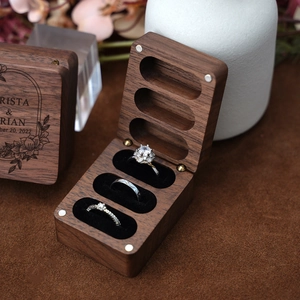 Walnut Wood Jewelry Ring Box With Velvet Lining Multi Slots Magnetic Portable Storage For Wedding Proposal Gift Natural