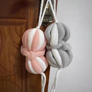Set of two large dual-color stretchable mesh bath loofah sponges with hanging ropes