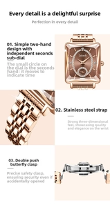 Detail view of luxury rectangular watch dial with small second hand and steel strap