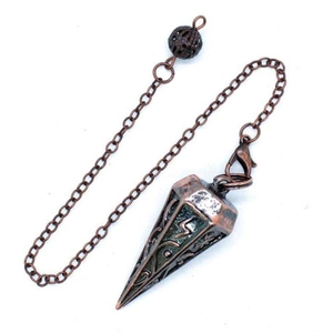 Antique bronze hexagonal cone pendulum with engraved lightning pattern on white background