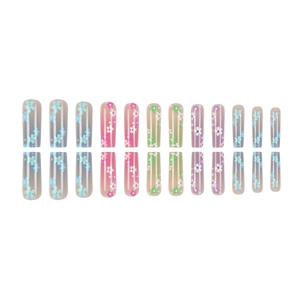 Pink gradient press-on nails with 3D floral designs and square tip artificial nail kit