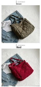 Detailed color display of green and red quilted tote bags with adjustable straps