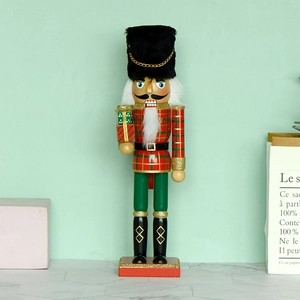 Wooden Nutcracker Soldier King Decoration Painted Red Plaid With Gift Box Christmas Festive Desktop Ornament