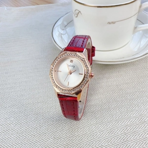 GoGoey fashion women watch with red leather strap and rose gold octagonal rhinestone bezel