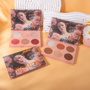 Macro-opname van het 6-kleuren blushpalet in vintage stijl met rozen in reliëfpatroon