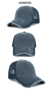 Vistas detalladas que muestran la textura de la gorra de béisbol de malla de algodón lavado