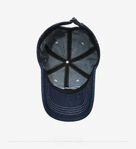 Detail view of denim baseball cap interior with contrast stitching and adjustable buckle