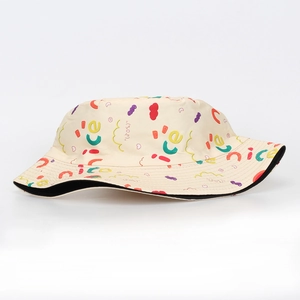 Beige cotton bucket hat with colorful nice lettering and rainbow graffiti patterns