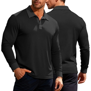 Detail of men's long sleeve waffle knit polo shirt with ribbed cuffs and three-button placket