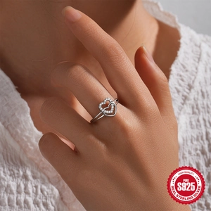 Luxurious S925 sterling silver double heart wedding ring with sparkling diamond pavé