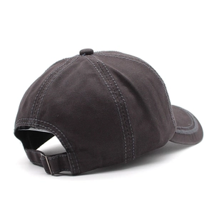 Cotton baseball cap in dark grey with a curved brim and adjustable metal buckle strap