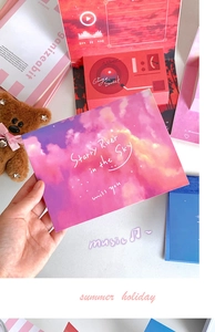 Detailed view of dreamy sunset themed stationery set including creative 3D cards and box