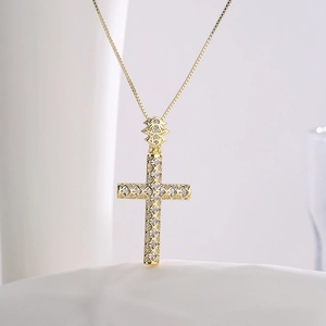 Luxurious gold-plated cross pendant necklace with colorful rainbow zircon inlay on box chain