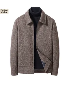 Detailed view of coffee wool blend jacket featuring classic lapel and twill texture