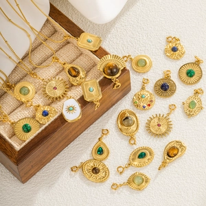 Bohemian gold plated necklace set with tiger eye and malachite square wave pendants