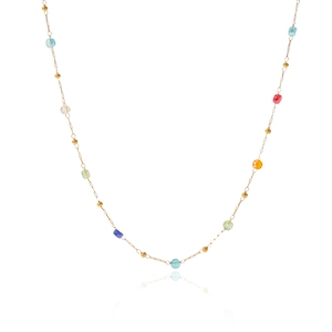 Close-up of colorful natural stones and gold beads on a stainless steel chain necklace