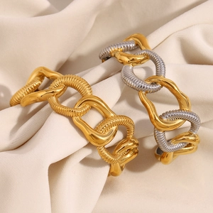 Bracelet jonc ouvert à gros maillons en acier inoxydable plaqué or 18 carats pour femme