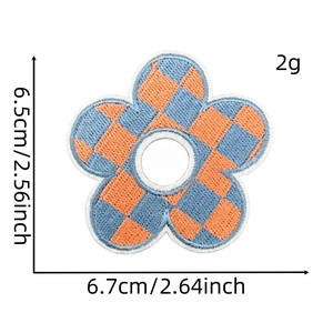 Detailed size specifications for orange and blue plaid embroidered flower patch
