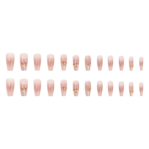 Pink gradient press-on nails with champagne rhinestones and silver glitter in long trapezoid shape