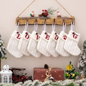 Christmas Stocking White Knitted Embroidered Alphabet Holiday Hanging Decor Candy Gift Bag Cable Knit Festive Ornament