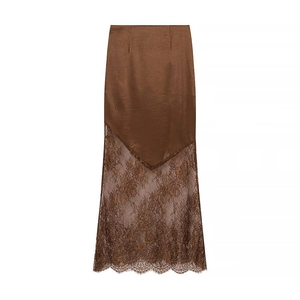 Brown bohemian satin midi skirt with lace patchwork and elegant wave hem design