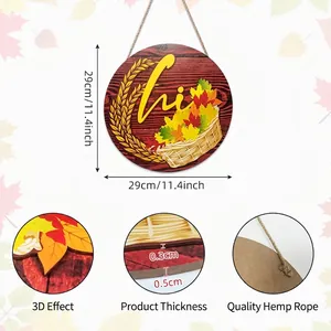 Fall themed round wooden welcome sign with 3D hi lettering and autumn leaf basket