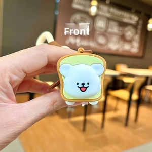 Detailed front view of silicone puppy keychain with toast hat design and dimensions