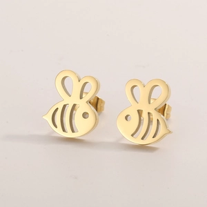 Golden stainless steel bee earrings featuring a minimalist openwork design for women
