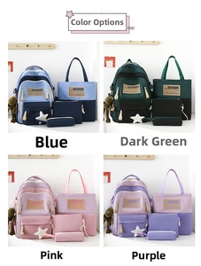 Detail view of four-piece school bag sets in contrast colors with cute frog pendants
