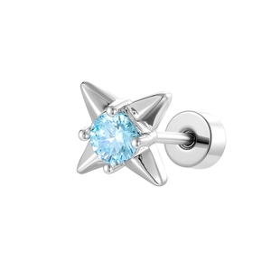 Star-shaped silver piercing earring with light blue crystal and screw ball back