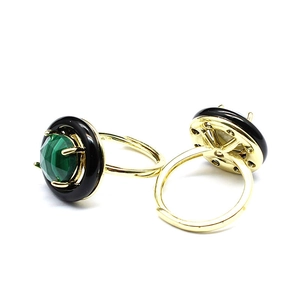 Exaggerated gold finish malachite sunstone ring with adjustable open band in faceted style