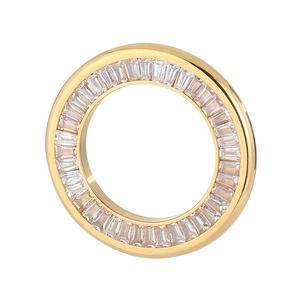 Detailed macro shot of a gold eternity ring featuring a full circle of baguette-cut zircons